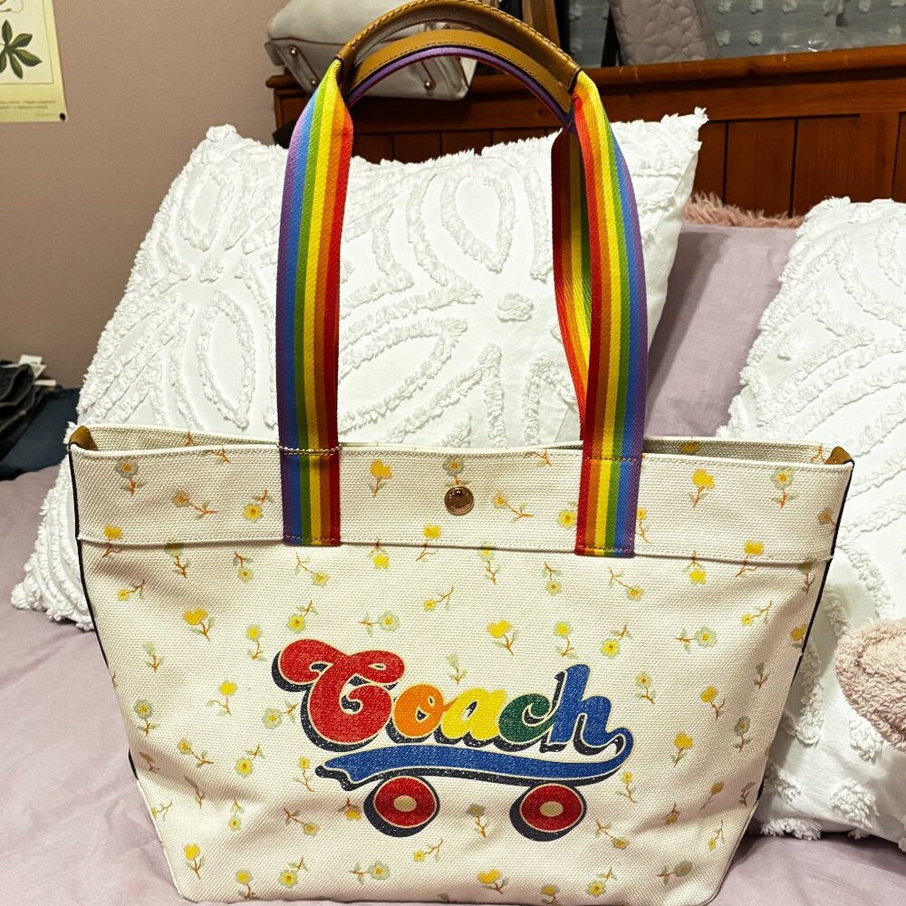 Coach Rainbow Roller Skate Print Graphic Canvas Tote Bag Limited Edition, EUC